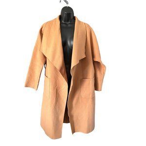 SHEIN Womens Coat Tan Medium Camel Mid Length Waterfall Front